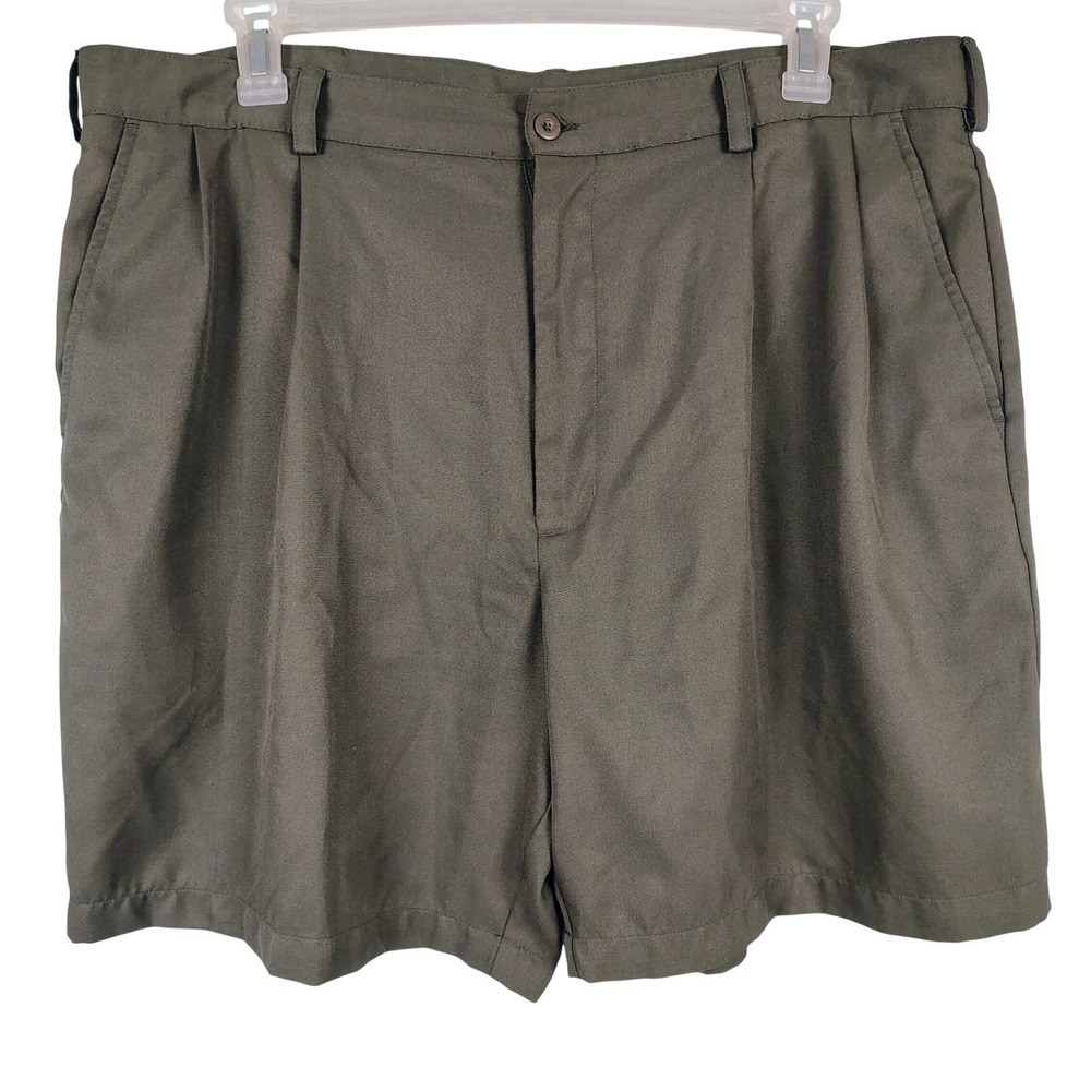 Manhattan Mens SZ 42 Pleated Front Shorts Olive Green Polyester Grandpa Core